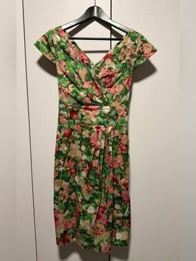 Talbots Green and Pink Floral Cap-Sleeve Midi Dress